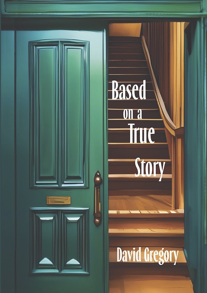 cover image, showing a partly open green door, with a wooden staircase leading up behind. The title of the book is written on the stairs.